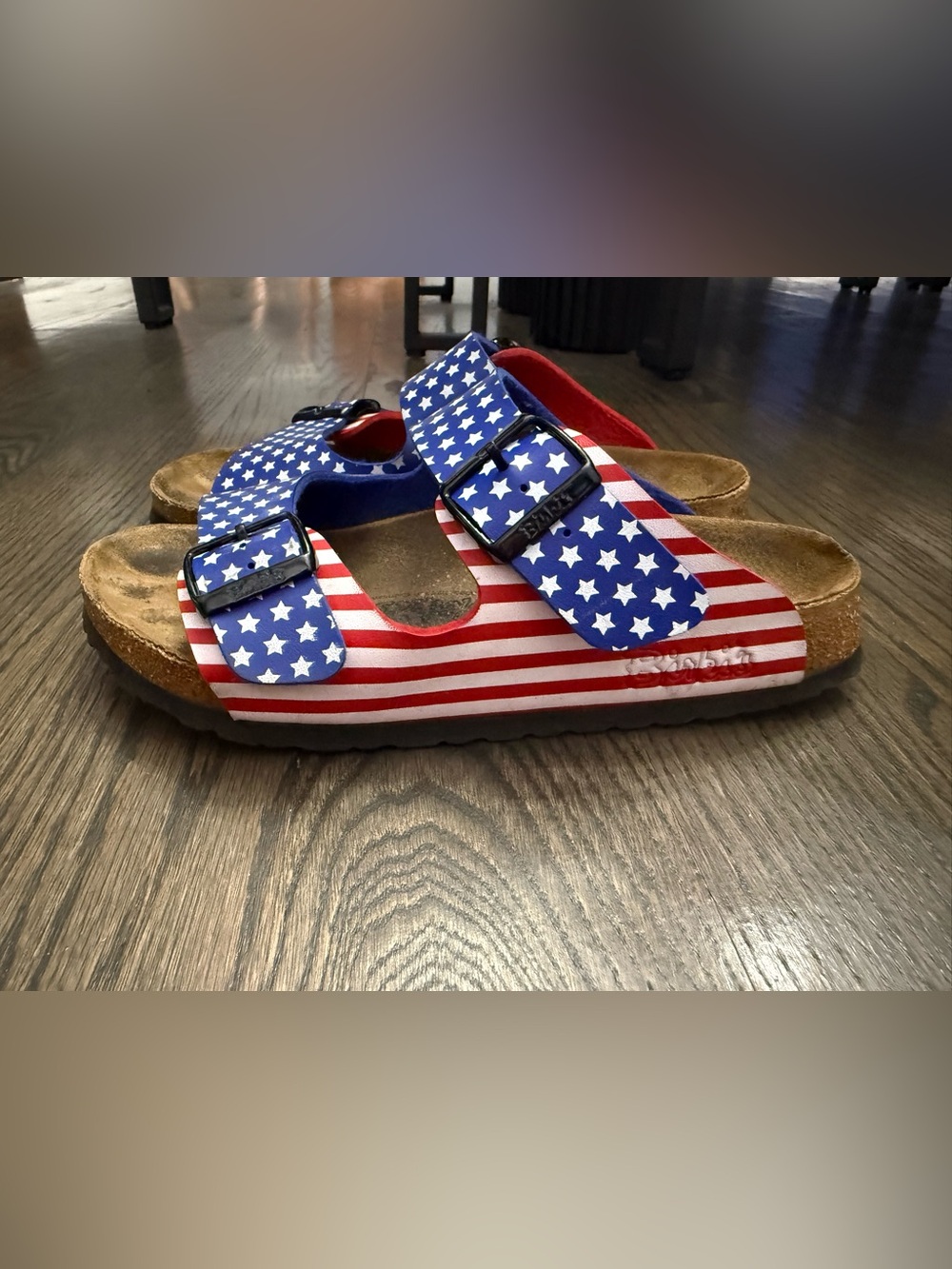 Birkis by Birkenstock US flag double-strap slide sandals with red & white Sz 39